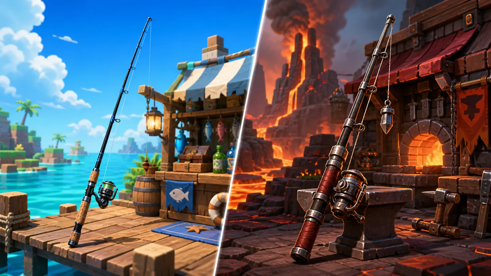 Carbon and Steady fishing rods compared between a beginner dock and volcanic blacksmith
