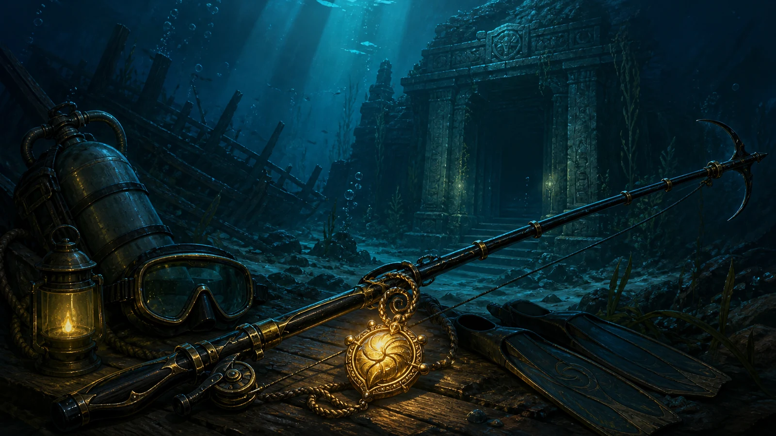 Fisch player navigating a deep underwater location